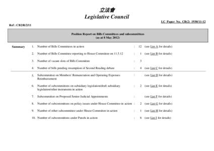 立法會 Legislative Council LC Paper No. CB[removed]Ref : CB2/R/2/11 Position Report on Bills Committees and subcommittees (as at 8 May 2012)