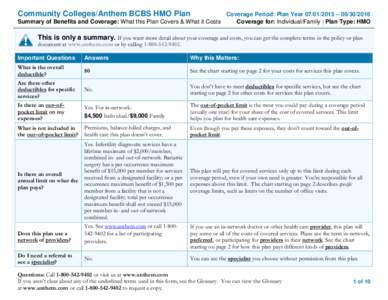 Community Colleges/Anthem BCBS HMO Plan Summary of Benefits and Coverage: What this Plan Covers & What it Costs Coverage Period: Plan Year – Coverage for: Individual/Family | Plan Type: HMO
