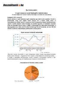 SAJTÓKÖZLEMÉNY A nyári szezonra ismét felpörgött a kabriók piaca A használtpiacon három márka biztosítja a kínálat 40 százalékát Budapest, 2014. június 23. Sokak számára a nyári életérzés egyik ve