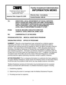 Family Investment Administration Department of Human Resources 311 West Saratoga Street Baltimore MD[removed]Issuance Date: August 29, 2005