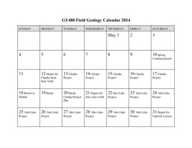 GY480 Field Geology Calendar 2014 SUNDAY 4  MONDAY