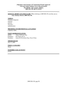 Objection to the Issuance of Construction Permit Approval 53rd and Adams Sanitary Sewer Reconstruction Merrillville, Lake County, Indiana 2009 OEA 90, (08-W-J[removed]OFFICIAL SHORT CITATION NAME: When referring to 2009 O