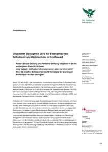 Pressemitteilung  Deutscher Schulpreis 2018 für Evangelisches Schulzentrum Martinschule in Greifswald -