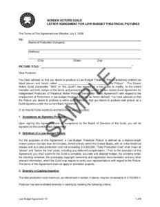 SCREEN ACTORS GUILD LETTER AGREEMENT FOR LOW-BUDGET THEATRICAL PICTURES