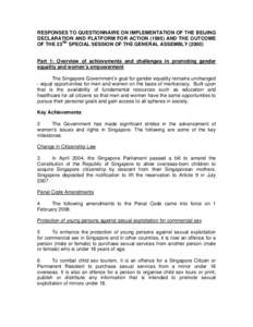RESPONSES TO QUESTIONNAIRE ON IMPLEMENTATION OF THE BEIJING DECLARATION AND PLATFORM FOR ACTION[removed]AND THE OUTCOME OF THE