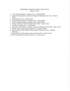 MISSISSIPPI CHARTER SCHOOL APPLICANTS March 14, [removed]New Destiny Preparatory Academy (K-5): Meridian Public 2. Jackson Developmental Academy for Pregnant & Parenting Teens (6-12): Jackson Public 3. Reimagine Prep (5-8