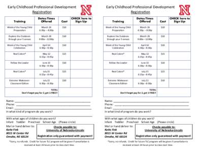 Early Childhood Professional Development Registration Training Dates/Times Offered