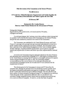 Fifty-first session of the Commission on the Status of Women Parallel event on ICT is the Key: Global Development, Empowerment and Gender Equality, the Elimination of Discrimination and Violence against the Girl Child 28
