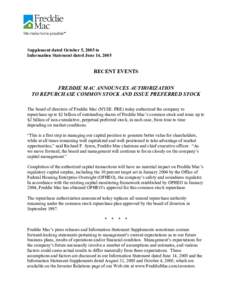 Investment / Corporate finance / Affordable housing / Freddie Mac / Business / Richard F. Syron / Share repurchase / Preferred stock / Office of Federal Housing Enterprise Oversight / Stock market / Mortgage industry of the United States / Financial economics