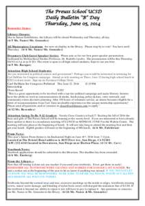 Reminder Items:  The Preuss School UCSD Daily Bulletin “B” Day Thursday, June 05, 2014