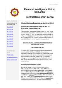 http://fiusrilanka.gov.lk  Financial Intelligence Unit of Sri Lanka Central Bank of Sri Lanka Email No. UNSCR1267/15