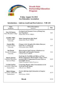 Friday August 10, 2012 Sea Education Association Introductions – Ambrose Jearld and Ben Gutierrez – 9:00 AM Title of Presentation: (Advisor)