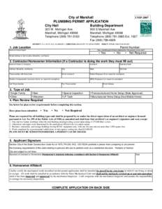 City of Marshall PLUMBING PERMIT APPLICATION City Hall Building Department 323 W. Michigan Ave. Marshall, Michigan 49068