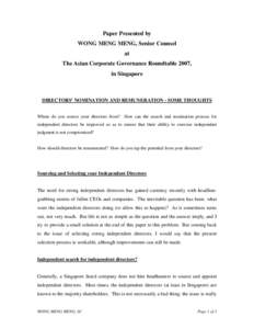 Paper Presented by WONG MENG MENG, Senior Counsel at The Asian Corporate Governance Roundtable 2007, in Singapore