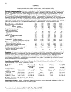 52  COPPER (Data in thousand metric tons of copper content, unless otherwise noted) Domestic Production and Use: Domestic mine production in 1997 was essentially unchanged at 1.9 million metric tons valued at about $4.6 