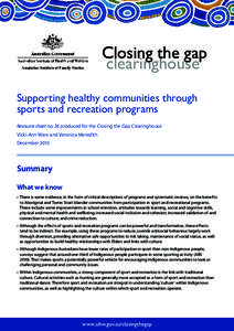 Supporting healthy communities through sports and recreation programs (5 Dec 2013 edition) (Closing the Gap Clearinghouse, AIHW)