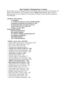 Bird Checklist of Douglas/Sarpy Counties Based mainly on lists for Fontenelle Forest, Neale Woods, plus observations by Neal Ratzlaff, and Babs & Loren Padelford. Proven breeders shown in Bold, probable breeders shown in