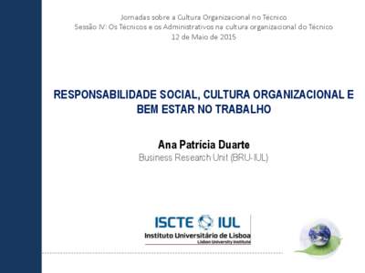 Jornadas sobre a Cultura Organizacional no Técnico Sessão IV: Os Técnicos e os Administrativos na cultura organizacional do Técnico 12 de Maio de 2015 RESPONSABILIDADE SOCIAL, CULTURA ORGANIZACIONAL E BEM ESTAR NO TR