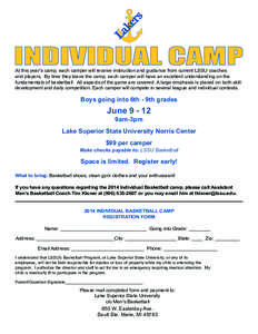 At this year’s camp, each camper will receive instruction and guidance from current LSSU coaches and players. By time they leave the camp, each camper will have an excellent understanding on the fundamentals of basketb