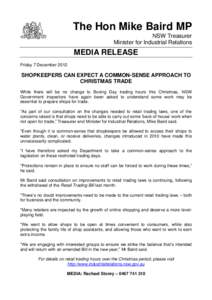 The Hon Mike Baird MP NSW Treasurer Minister for Industrial Relations MEDIA RELEASE Friday 7 December 2012