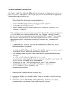 The three new HCBS Waiver Services: The Waiver Youth Peer Advocate (YPA) offers positive youth development-centered services for waiver youth 14 and older and with younger aged youth when developmentally appropriate with