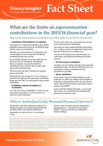 Fact Sheet What are the limits on superannuation contributions in thefinancial year? Here are the superannuation contribution caps which apply for thefinancial year. • 	 Contributions which qualify fo