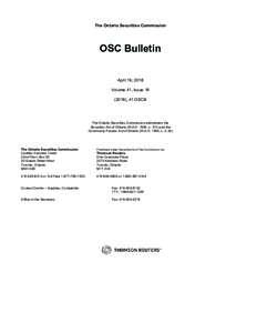 The Ontario Securities Commission  OSC Bulletin April 19, 2018 Volume 41, Issue), 41 OSCB