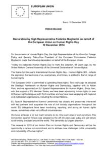 EUROPEAN UNION Delegation of the European Union to the Republic of Lebanon Beirut, 10 December 2014 PRESS RELEASE