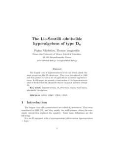 The Lie-Santilli admissible hyperalgebras of type Dn Pipina Nikolaidou, Thomas Vougiouklis Democritus University of Thrace, School of Education, Alexandroupolis, Greece , 