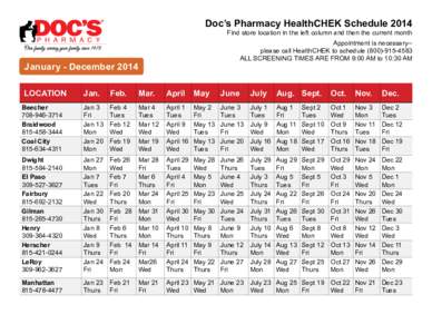 Doc’s Pharmacy HealthCHEK Schedule 2014 Find store location in the left column and then the current month Appointment is necessary-please call HealthCHEK to schedule[removed]ALL SCREENING TIMES ARE FROM 9:00 AM 