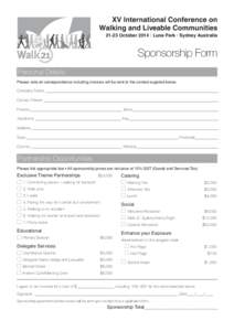 XV International Conference on Walking and Liveable Communities[removed]October 2014 | Luna Park | Sydney Australia Sponsorship Form Personal Details