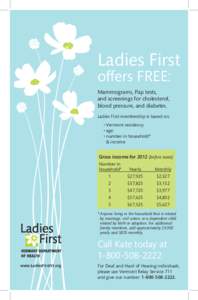 Ladies First offers FREE: Mammograms, Pap tests, and screenings for cholesterol, blood pressure, and diabetes. Ladies First membership is based on: