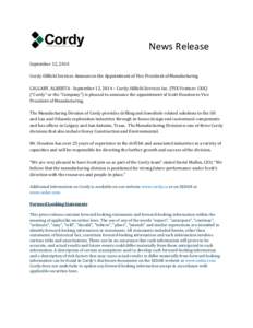 Microsoft Word - Cordy Appoints VP Manufacturing