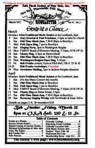 **Updated version as of[removed]see also calendar listings on p.9 ** Folk Music Society of New York, Inc. March[removed]vol 47, No.3