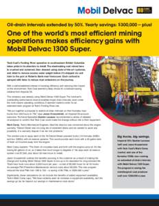 Oil-drain intervals extended by 50%. Yearly savings: $300,000 – plus!  One of the world’s most efficient mining operations makes efficiency gains with Mobil Delvac 1300 Super. Teck Coal’s Fording River operation in