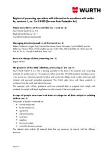 Register of processing operations with information in accordance with section 4e, sentence 1, no. 1 to 8 BDSG (German Data Protection Act) Name and address of the controller (no. 1 and no. 3) Adolf Würth GmbH & Co. KG R