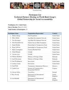 The World Bank Group  Participant List Technical Partners Meeting on World Bank Group’s Global Partnership for Social Accountability Washington, D.C, United States