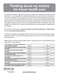Thinking about my wishes for future health care This document is meant to help you think about your values and to express your wishes for future health care. It is not intended to be a document that tells your doctors wh