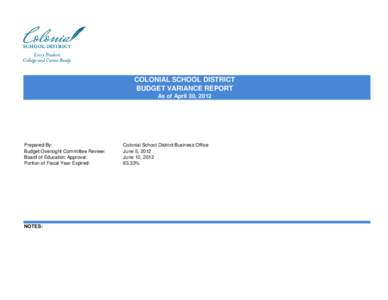 COLONIAL SCHOOL DISTRICT BUDGET VARIANCE REPORT As of April 30, 2012 Prepared By: Budget Oversight Committee Review: