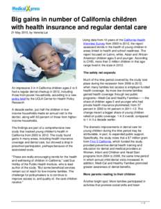Big gains in number of California children with health insurance and regular dental care
