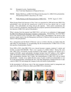 SBLI - Demutualization public hearing - Richard Hoffman - written statement