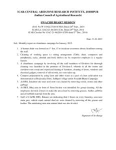 ICAR-CENTRAL ARID ZONE RESEARCH INSTITUTE, JODHPUR (Indian Council of Agricultural Research) SWACHH BHART MISSION (D.O. No.WNBA Dated 26th Sept., 2014 ICAR Let. GACCdn. Dated 29th Sept, 2014 IC