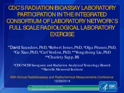 CDC’S RADIATION BIOASSAY LABORATORY PARTICIPATION IN THE INTEGRATED CONSORTIUM OF LABORATORY NETWORK’S FULL SCALE RADIOLOGICAL LABORATORY EXERCISE *David Saunders, PhD, *Robert Jones, PhD, *Olga Piraner, PhD,