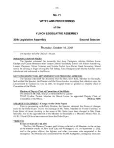 - [removed]No. 71 VOTES AND PROCEEDINGS of the YUKON LEGISLATIVE ASSEMBLY