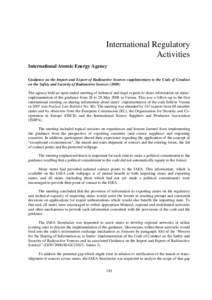 International Regulatory Activities International Atomic Energy Agency Guidance on the Import and Export of Radioactive Sources supplementary to the Code of Conduct on the Safety and Security of Radioactive Sources (2008