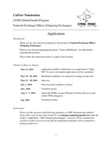 Call for Nomination CFMS Global Health Program National Exchange Officer (Outgoing Exchanges) Application Introduction: