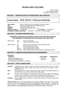 MATERIAL SAFETY DATA SHEET Page 1 of Total 5 Date of Issue: May 2013 MSDS No. FMC/MCPA+PIC/1  SECTION 1