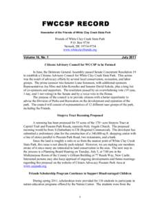 FWCCSP RECORD Newsletter of the Friends of White Clay Creek State Park Friends of White Clay Creek State Park P.O. Box 9734 Newark, DE