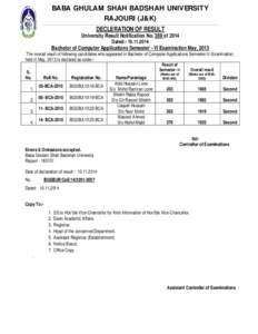 BABA GHULAM SHAH BADSHAH UNIVERSITY RAJOURI (J&K) DECLERATION OF RESULT University Result Notification No. 359 of 2014 Dated:- [removed]