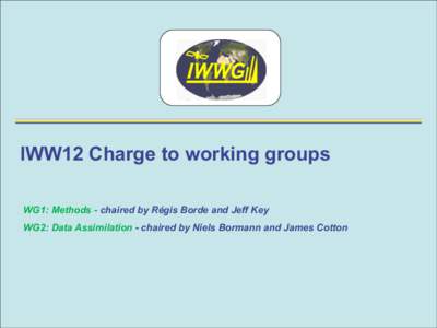 IWW12 Charge to working groups WG1: Methods - chaired by Régis Borde and Jeff Key WG2: Data Assimilation - chaired by Niels Bormann and James Cotton Recalling Jo Schmetz’ talk 1/3 1.  CGMS High level priority plan 